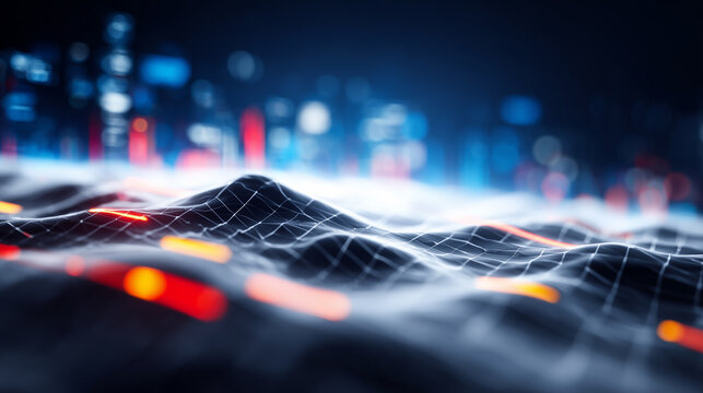 An abstract digital landscape of connected lines and glowing signals illustrating big data flow, network intelligence and advanced information systems.
