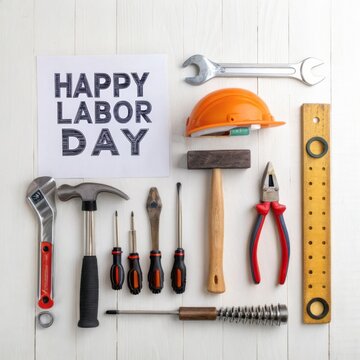 Happy Labor Day Celebration with Tools and Safety Gear on Wooden Background