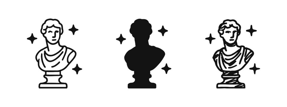 Ancient Greek bust statue icon set in outline, solid, and hand-drawn styles