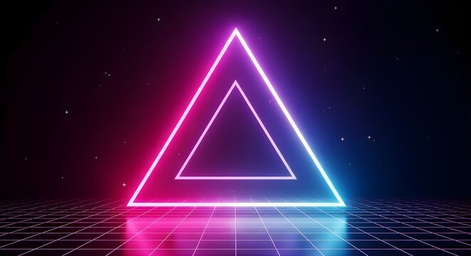 Glowing neon triangle on a retro grid background with vibrant gradient colors, inspired by 80s synthwave aesthetics.