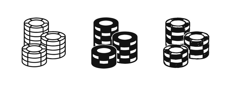 Casino chips stack icon set in outline, solid, and hand-drawn styles
