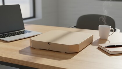Naklejka premium Pizza box on office desk with laptop and hot coffee, representing a workplace lunch or overtime work concept in a modern professional setting with natural lighting