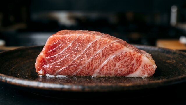 Vibrant red raw fish fillet, possibly otoro tuna, showcasing beautiful marbling on a dark rustic plate in a culinary setting.