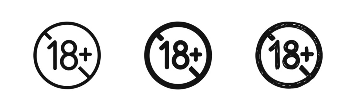 Adult 18 plus age restriction icon set in outline, solid, and hand-drawn styles