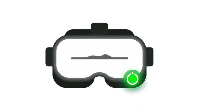 A flat vector-style icon depicting a virtual reality headset with a power-on indicator light. This graphic is suitable for technology-focused projects, user interfaces, or gaming-related branding.