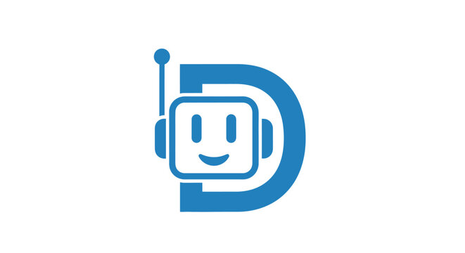 Blue robot mascot inside letter D corporate logo design