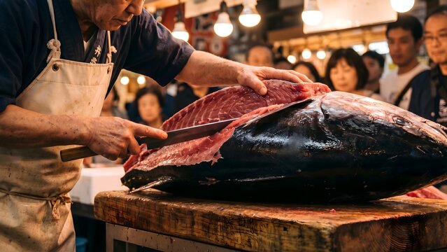 A skilled Japanese fishmonger meticulously carves a massive bluefin tuna on a wooden cutting board at a bustling fish market, with onlookers observing the process.