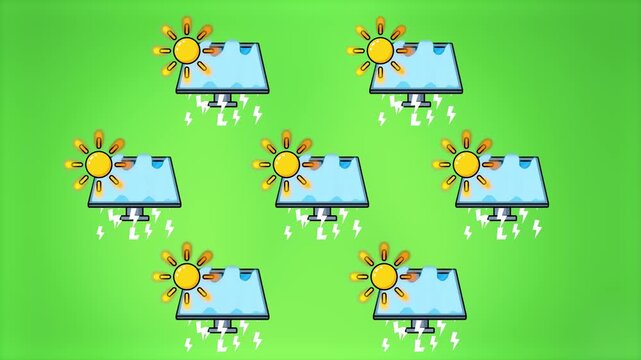 A motion graphic featuring solar panel icons with sun symbols and electrical sparks over a vibrant green background. It visualizes the concept of green technology and eco-friendly electricity generati