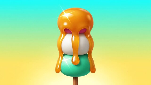 Sweet Three-Color Dango Skewer Drizzled with Syrup Against a Gradient Background
