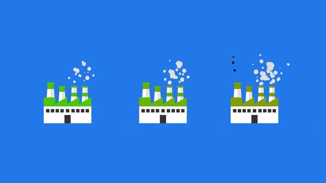 A seamless pattern featuring factory icons in the process of becoming eco-friendly, depicted with mixed chimney colors on a bright blue background. This design represents the transition toward sustain