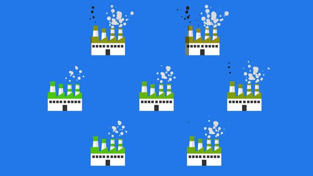 A repeating seamless pattern of industrial factory icons with smokestacks emitting black smoke, set against a solid blue background. This graphic visualizes industrial pollution and is suitable for en