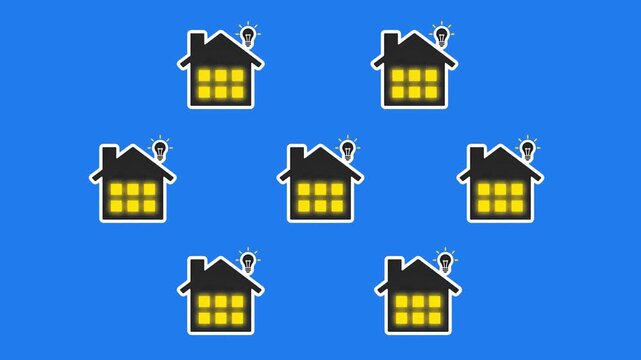 A repeating seamless pattern of smart home icons with glowing yellow windows and bulb symbols set against a blue background. This graphic is suitable for digital backgrounds, tech-focused marketing ma