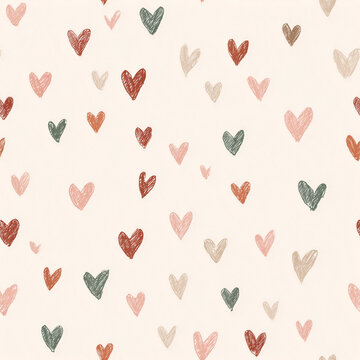 Seamless pattern of hand-drawn hearts in soft pastel tones on a light background; playful minimalist style for wrapping, textiles, stationery, branding, and romantic design projects