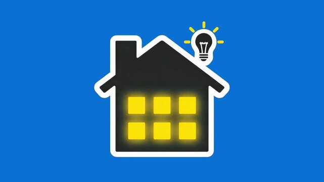 A flat vector icon of a house with glowing windows and a light bulb symbol on a medium blue background. This graphic represents smart home connectivity, domestic energy management, and modern resident