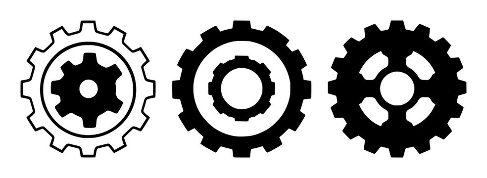 Gear wheel set with solid black icon on white background featuring algorithm optimization, gear mechanics, technical illustration with vector and design