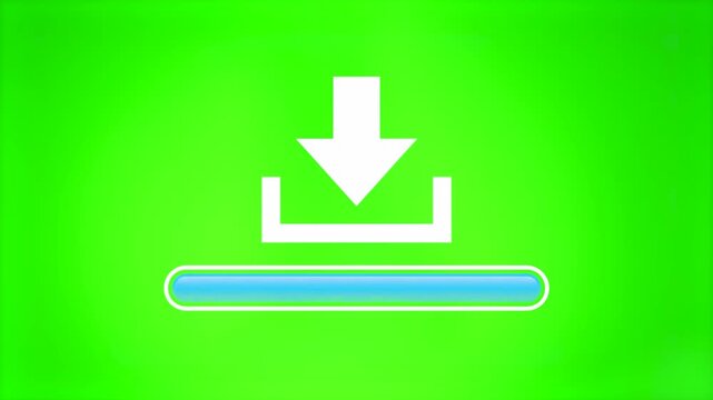 A flat 2D animation showing a white download symbol above a lime green progress bar against a bright green background. Ideal for visualizing successful file processing, installation, or cloud storage 