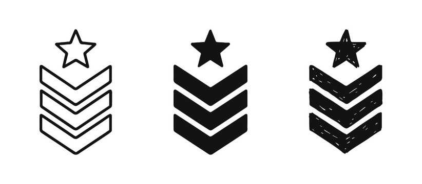 Military Rank Chevron with Star Icon Set, Command Symbols in Outline, Solid, and Hand-Drawn Styles