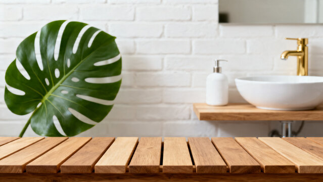 Empty wooden product display table in a serene bathroom with a lush green Monstera leaf, elegant golden faucet, and modern sink against a clean white brick wall, offering a natural backdrop
