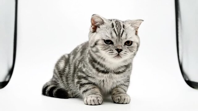 Adorable silver tabby kitten sitting and looking downwards against a clean white background in a studio