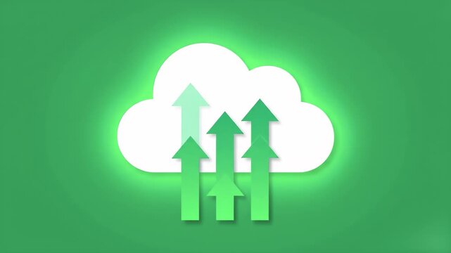 A clean 3D animated white cloud with three green arrows pointing upwards, symbolizing data upload, cloud storage, and computing power. This essential tech icon on a chroma key background is perfect fo