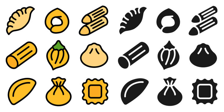 A set of icons featuring dumplings and Asian cuisine in a line art and silhouette style.