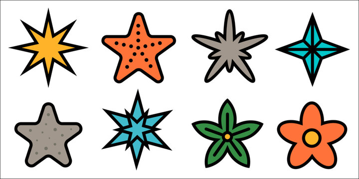 A colorful set of icons featuring stars, flowers, reviews, and bookmarks.