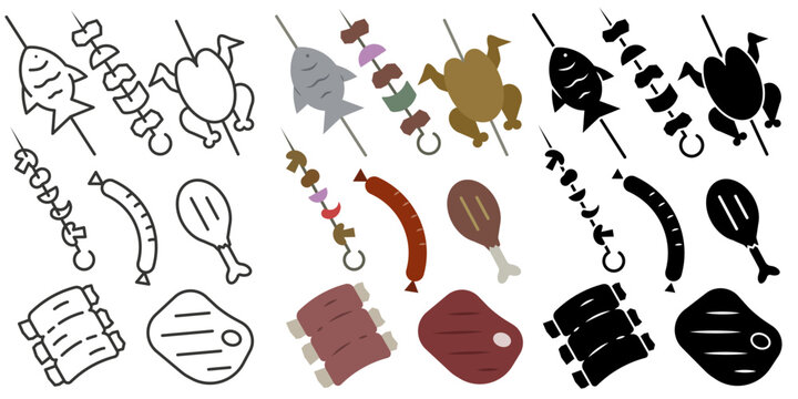 Grilled meat. Icons for all things grilling, featuring thin lines. Grilled meat in various styles.