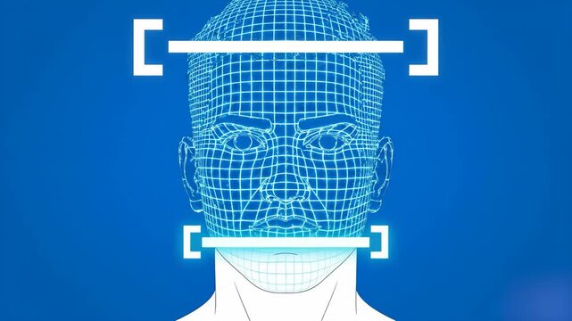 A high-tech 2D motion graphics wireframe showing a futuristic digital grid mesh scanning a human head outline against a solid blue background. Perfect for cybersecurity corporate trailers, AI artifici