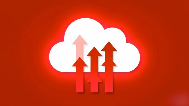 A vibrant red cloud icon with upward-pointing arrows indicating data being uploaded. This design is useful for signaling active data transfer, warnings, or urgent cloud computing tasks.
