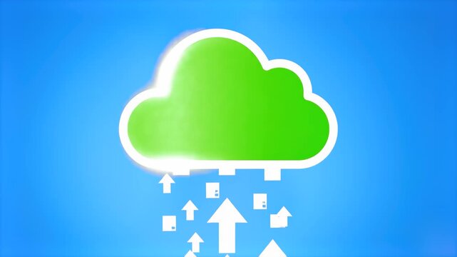 A vibrant green cloud icon with upward-pointing arrows indicating data being uploaded. This design emphasizes eco-friendly digital storage or green technology initiatives.