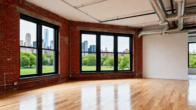 Modern empty urban loft with exposed brick walls, gleaming hardwood floors, and expansive windows offering a picturesque city skyline and tranquil park view