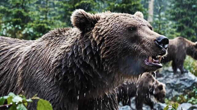 Grizzly bear roaring in the rain with cubs, wet fur and dripping water in forest environment