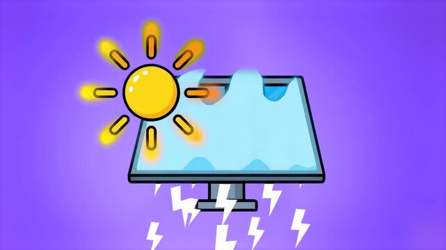 A cartoon solar panel display incorporates sun, water wave, and lightning bolt icons against a purple backdrop. Designed as an illustrative motion graphic for clean energy, weather, and technology con