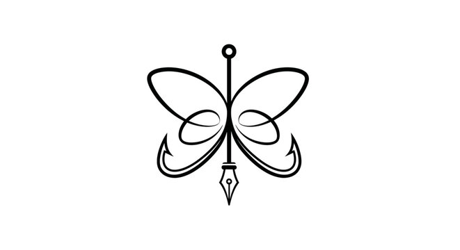 Abstract black butterfly icon with fish hooks and pen nib