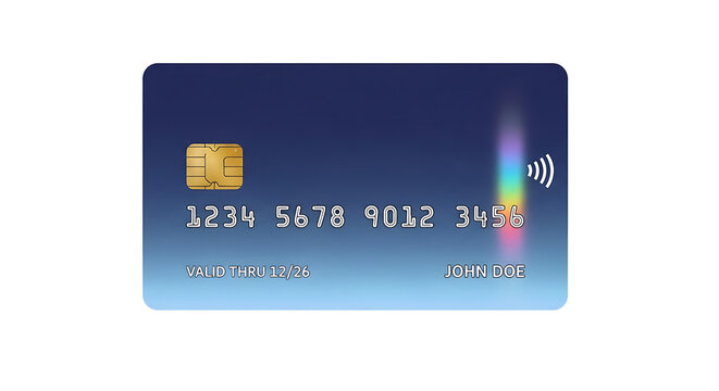 Modern credit card design with holographic strip on isolated transparent background image.