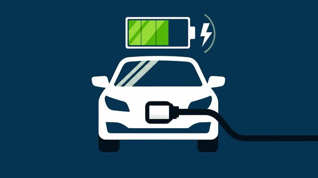 clean graphic icon showing a white electric vehicle plugged into a charging station with a full battery status indicator. This asset is perfect for sustainable energy, transportation, and electric veh