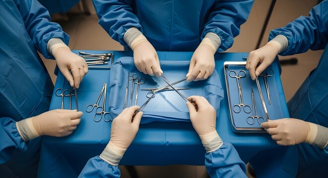 Surgical precision a team of surgeons preparing for a complex operation with sterile instruments and focused attention