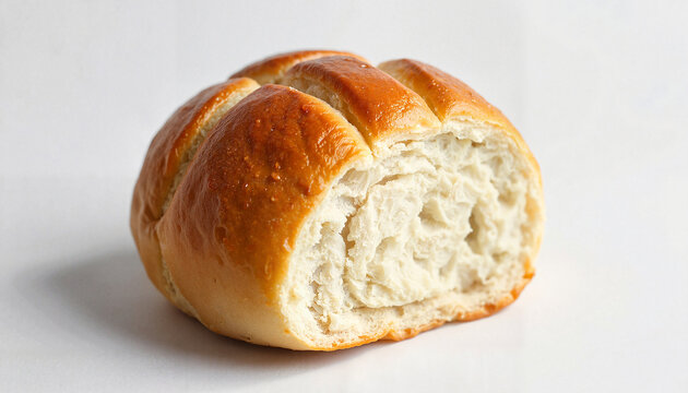 Freshly baked bread roll cut in half on a white background  