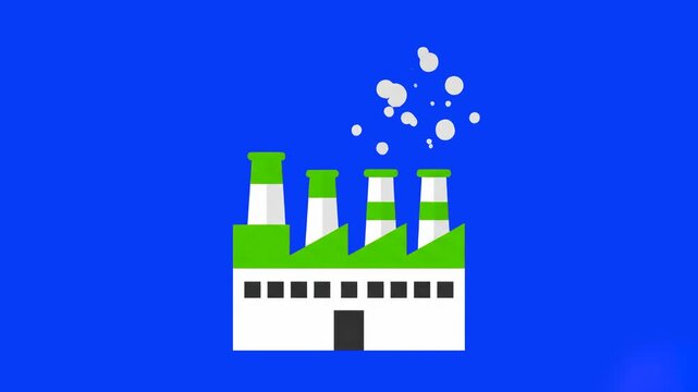A flat vector-style illustration of an industrial factory building with green chimney stacks, emitting smoke on a blue background. This graphic visualizes the transition from pollution to a cleaner, e