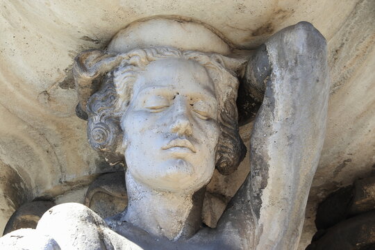 Fountain of the Caryatids Sculpted Detail at the Piazza dei Quiriti in Rome, Italy