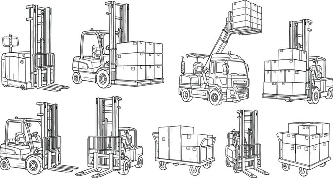 Warehouse forklift and pallet jack vector set with industrial machinery and delivery boxes for logistics and transport design
