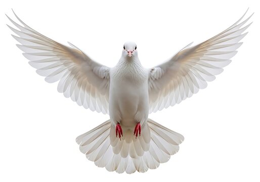 Symbolic white dove soaring with open wings and red feet captured in a minimalist studio setting on white.