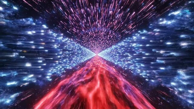 Abstract red river of energy flows through a space tunnel filled with dynamic blue and purple particles.