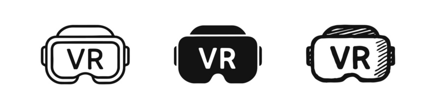 VR Headset Virtual Reality Goggles Icon Set in Outline Solid and Hand Drawn Styles