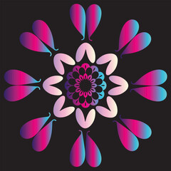 Fototapeta premium Neon Floral Mandala Symmetry on Black Background, Vibrant Gradient Petal Pattern, Abstract Geometric Decorative Design.