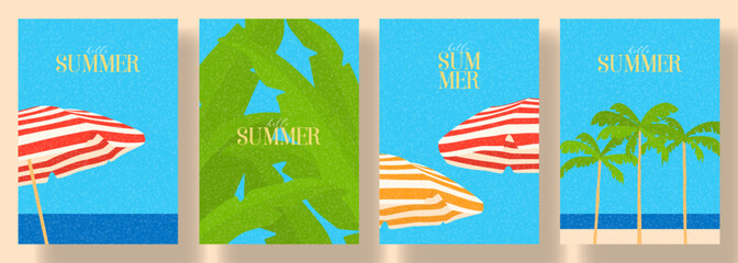 Abstract Minimal Summer Poster Set. Colorful flat vector cards with beach umbrellas, palm trees and banana leaves on background of blue sky and sea. Summer design for vacation and travel posters. © Yaran