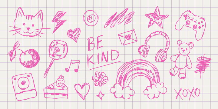 Be Kind &ndash; cute doodle elements. Hand drawn sketch icons in playful notebook style. Kawaii symbols, toys, sweets and love for stickers, kids design, posters, apparel, journals and social media.