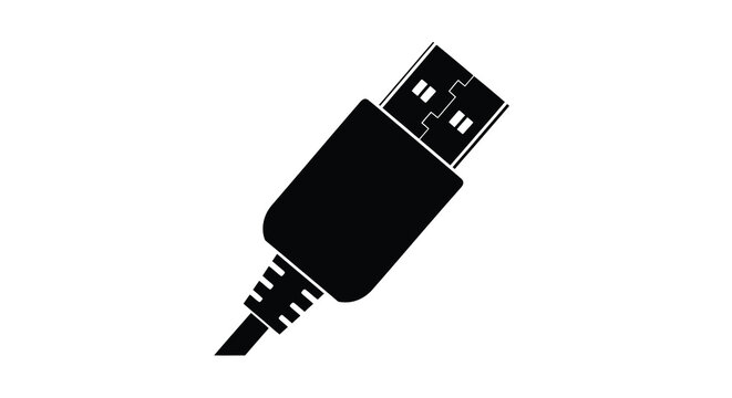 A black and white illustration depicts a standard usb plug connector on a white background