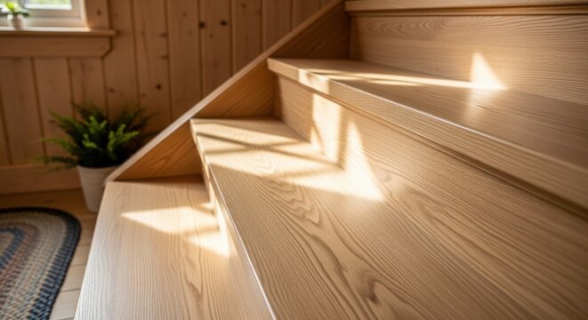 Natural light oak wood stairs with detailed grain pattern in a sunlit interior home setting