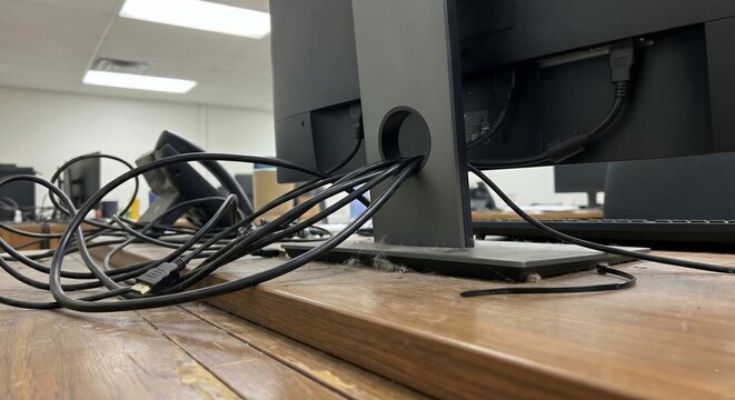 Messy and tangled black display cables routed through the back of a computer monitor stand onto a dusty wooden office desk